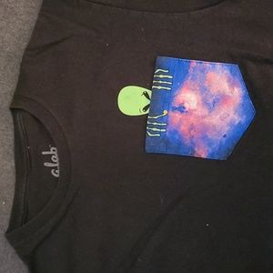 Zumies Black short sleeve shirt with an alien in a galaxy pocket size medium